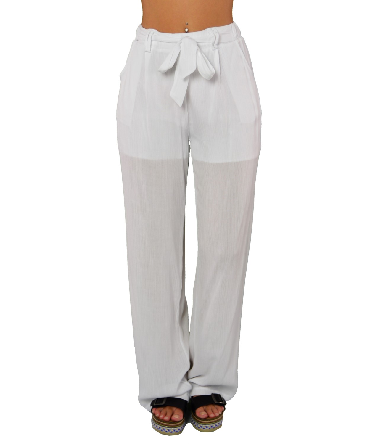 Γυναικεία παντελόνα υφασμάτινη λευκή με φιόγκο 11746688K